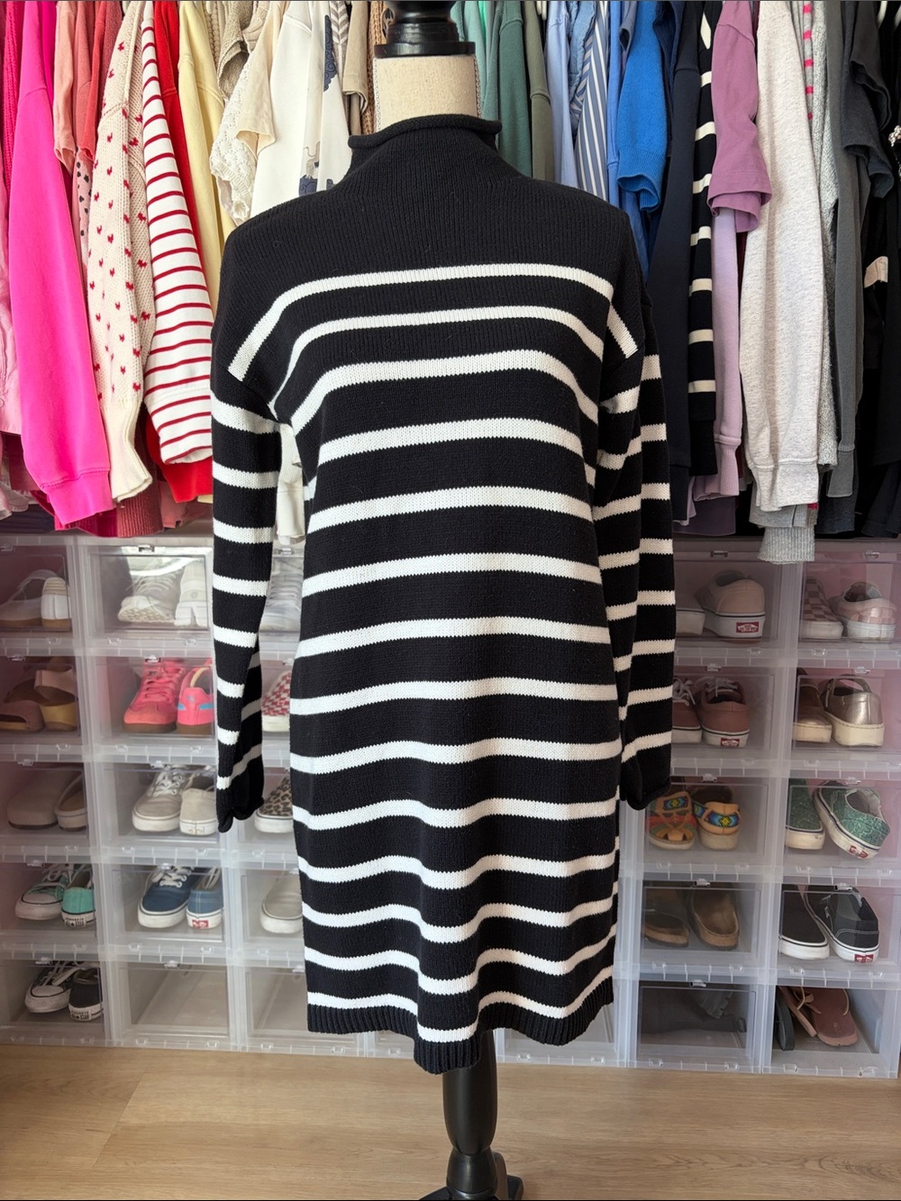 LOFT Black and White Striped Long-Sleeve Sweater Dress